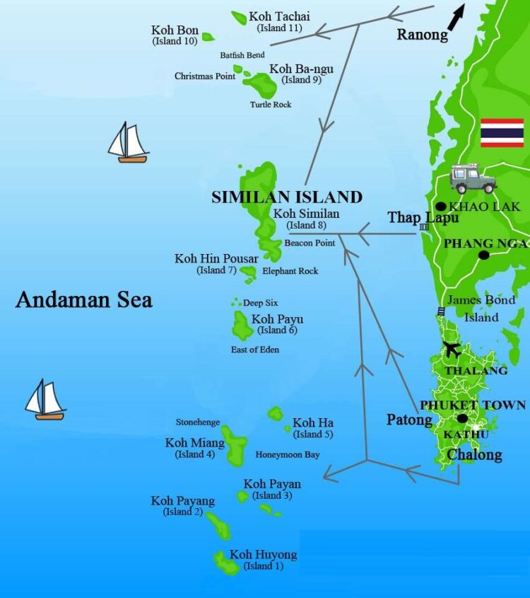 Карта Симиланских островов в Тайланде