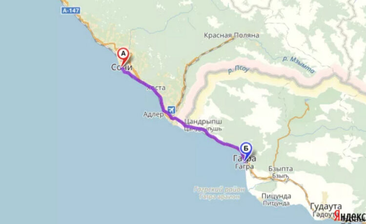 Карта с маршрутом поезда "Сочи"