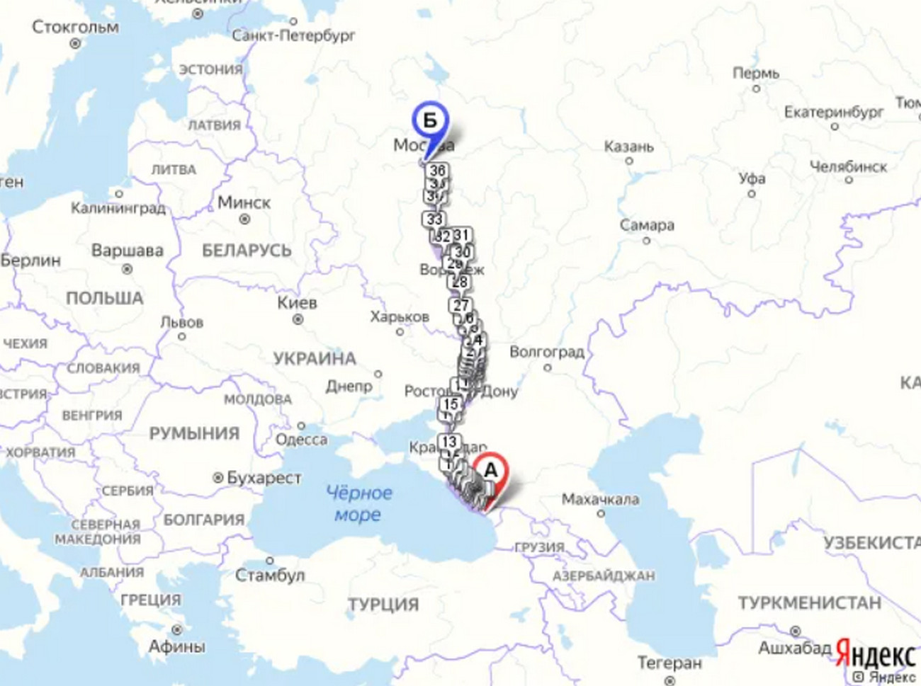 Поезд Санкт-Петербург - Сухум на карте