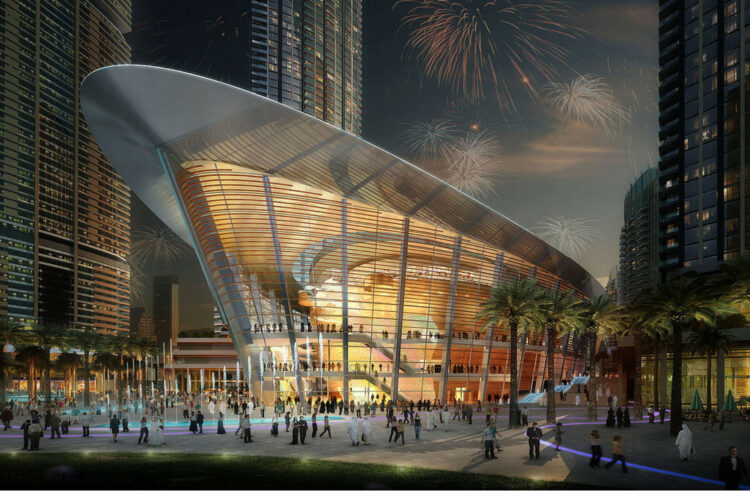 Здание Оперы в Дубае в вечернем освещении 
